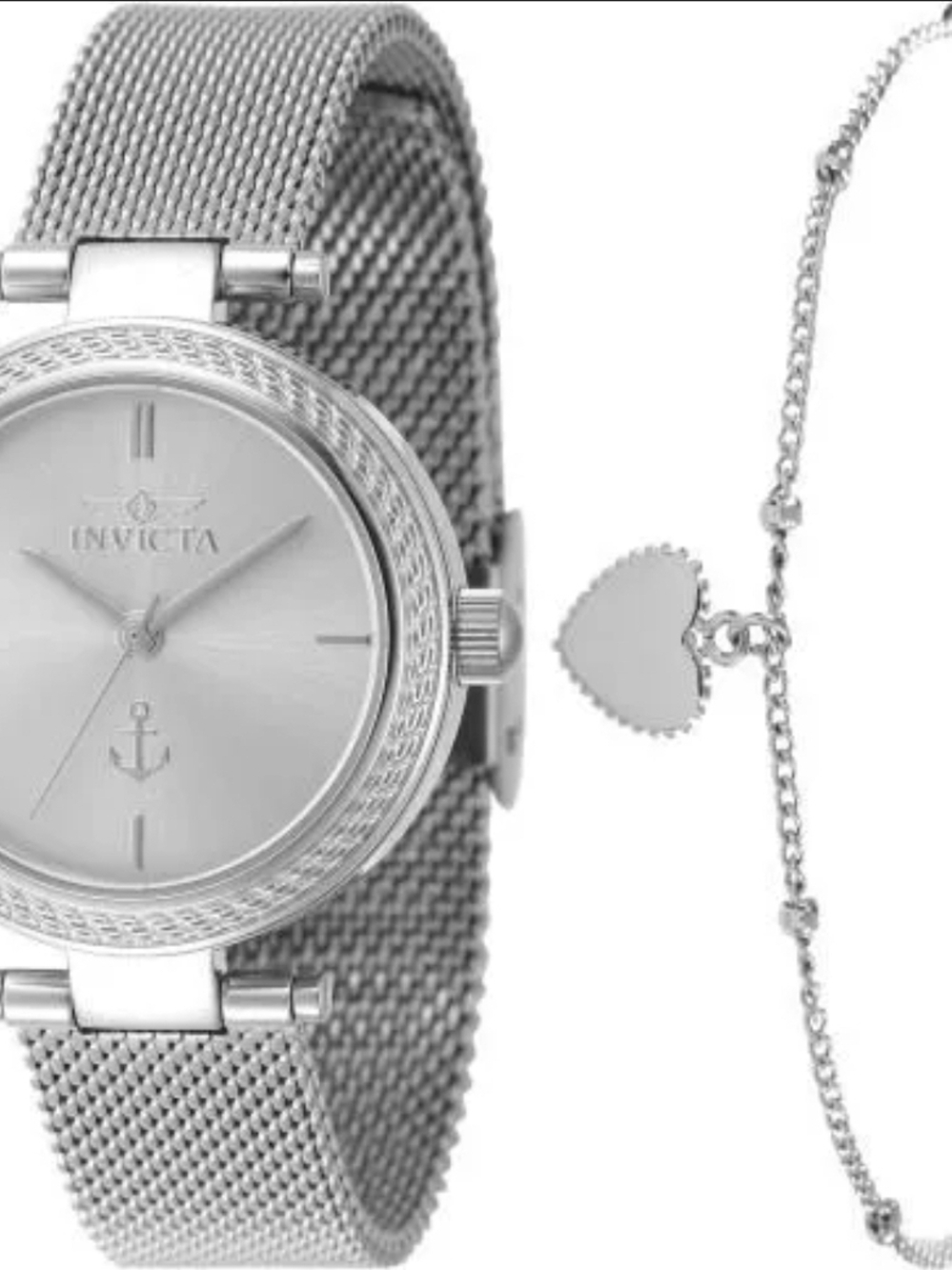 Invicta Silver Mesh Bracelet Watch with Heart Charm Bracelet